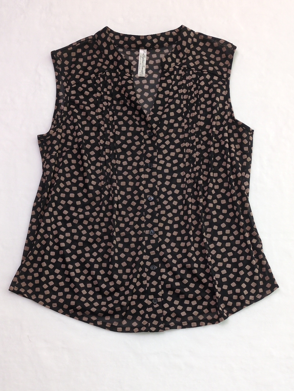 Perseption Concept Sleeveless Button-Down Blouse Black &Tan Geometric Print Sz L